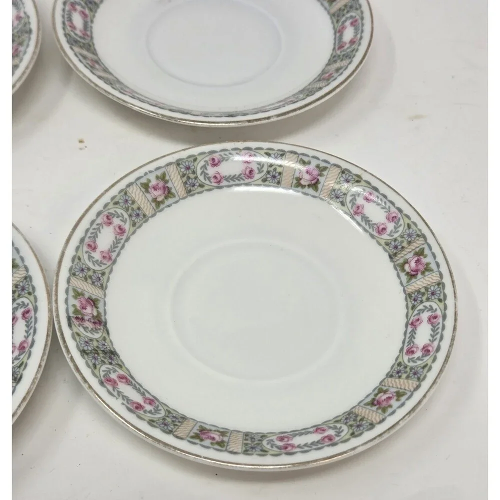 KPM Krister Germany Porcelain Saucer Set 5 Pink Rose Garland Gold Trim Antique